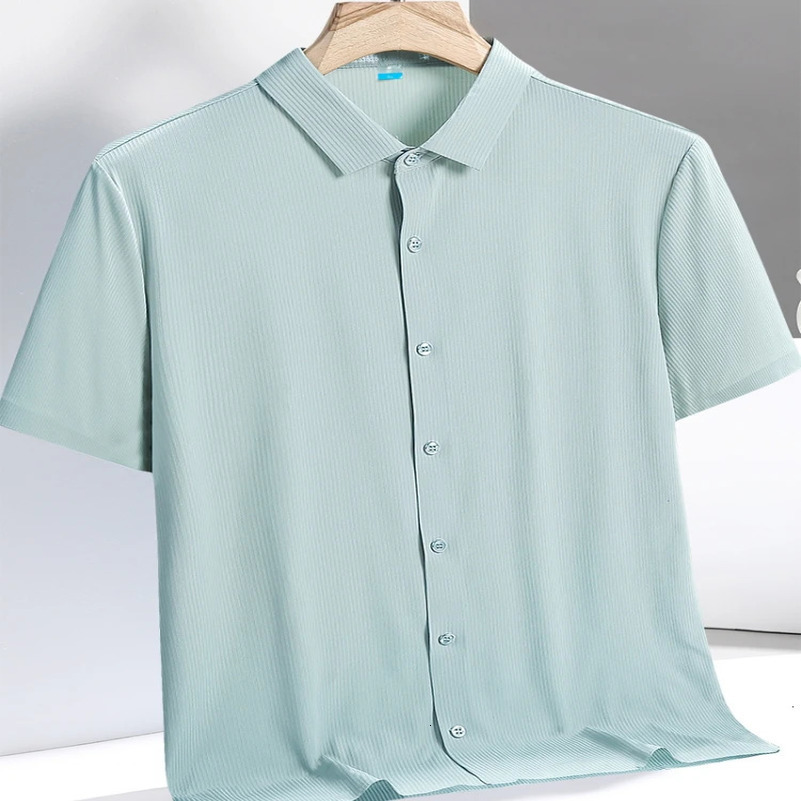 Plus Size 8xl 7xl Summer Cooling Nylon Silk Quick Dry Shirts Men Short Sleeve Breathable Solid Casual Shirt Male Social Blouse 250417
