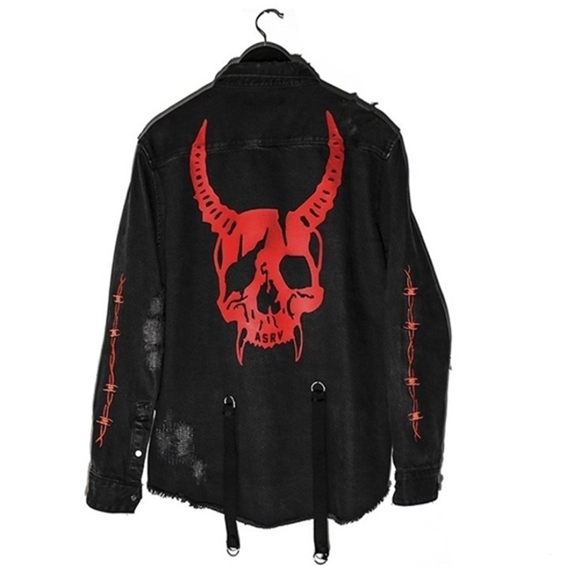 Harajuku Gothic Skull Black Denim Jacket Men Rock Punk Heavy Metal Sweatshirt Sudadera Suspenders Hole Streetwear 220813