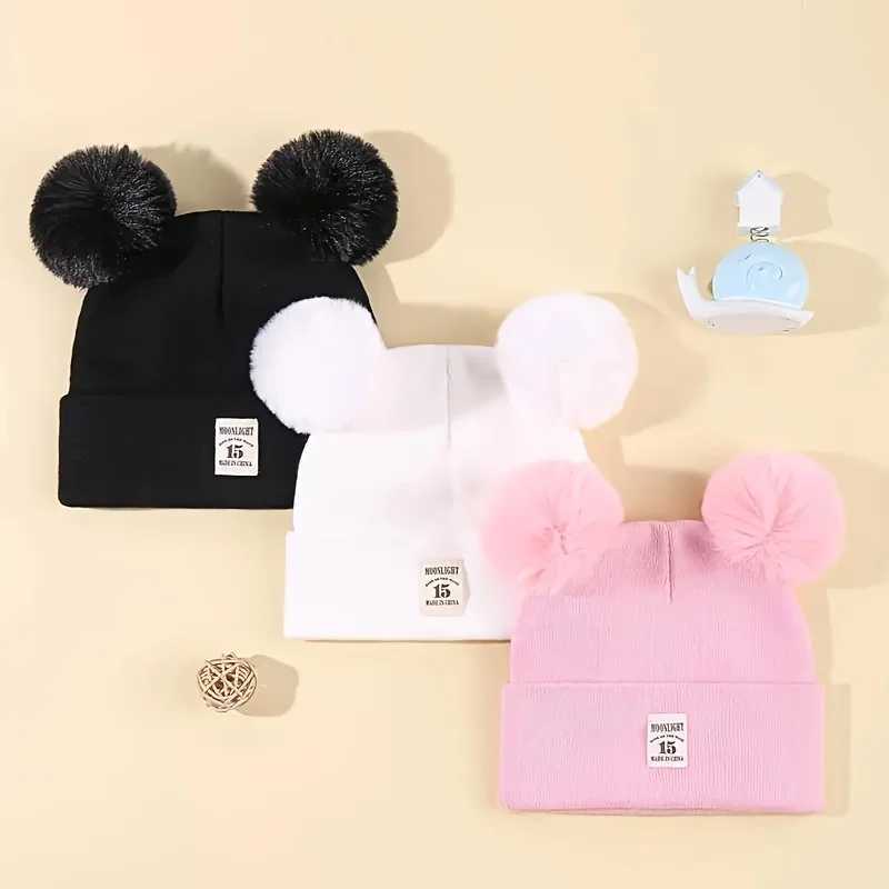 3pcs Soft Acrylic Knit Baby Hats with Double PomPoms Patch Warm Lightweight New Year Casual Attire for Boys Z251029