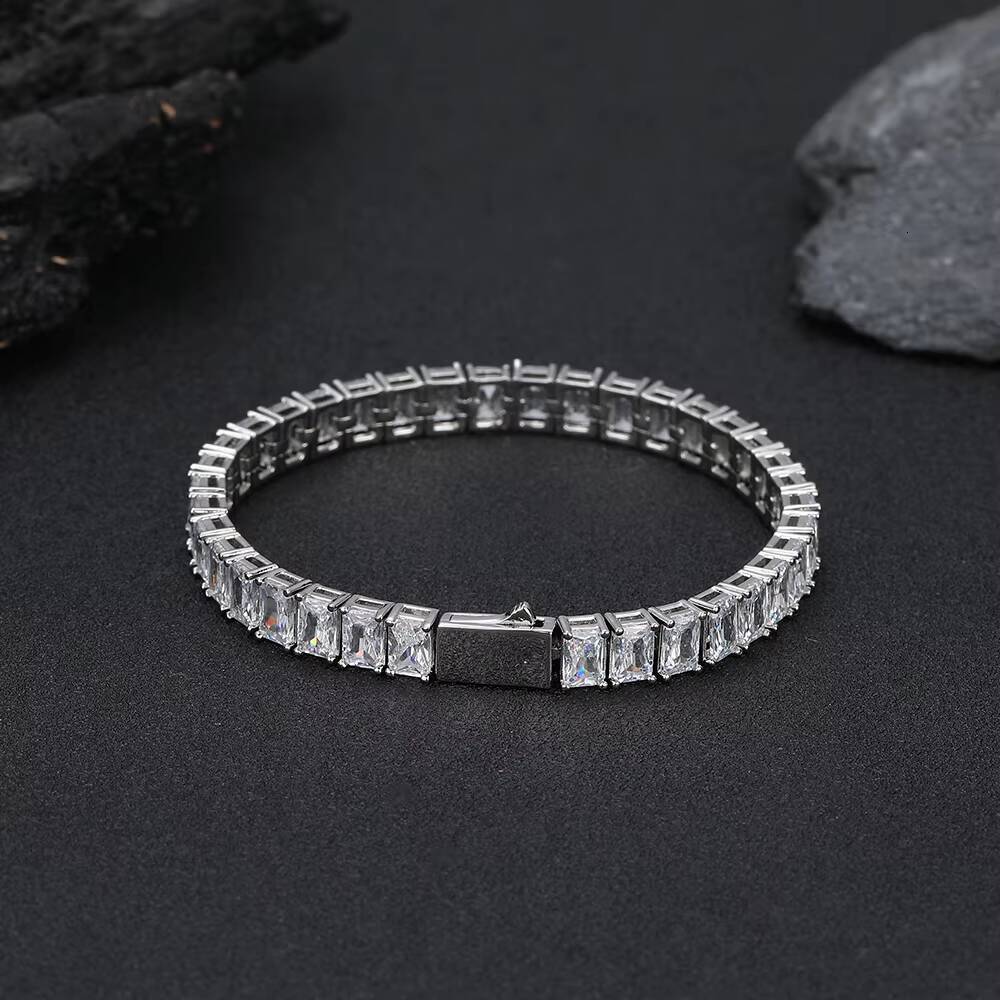 18K Gold Plated 6MM Rectangular Moissanite Bracelet Full Diamond Hip Hop Silver Tennis Chain Bracelet Fine Jewelry for Gift