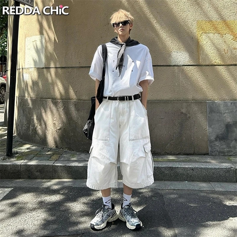 REDDACHiC Men Adjustable Low Waist White Baggy Jorts Plain Pintuck Cargo Pockets Casual Wide Denim Shorts Pants Summer Trousers 240906