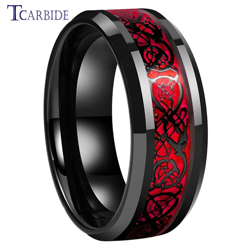 Wedding Rings 8MM Black Mens Womens Tungsten Carbide Engagement Wedding Ring With Red Opal Dragon Inlay Superior Gift Jewelry Comfort Fit 231208