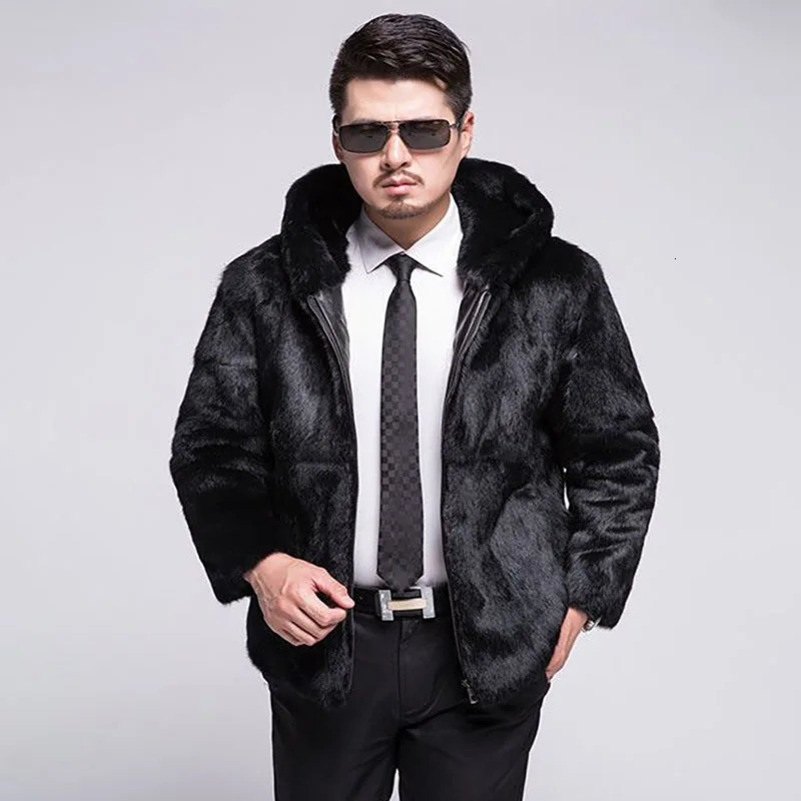 autumn and winter mens fur full leather rabbit fur short fur one-piece fox collar casual jacket 241113