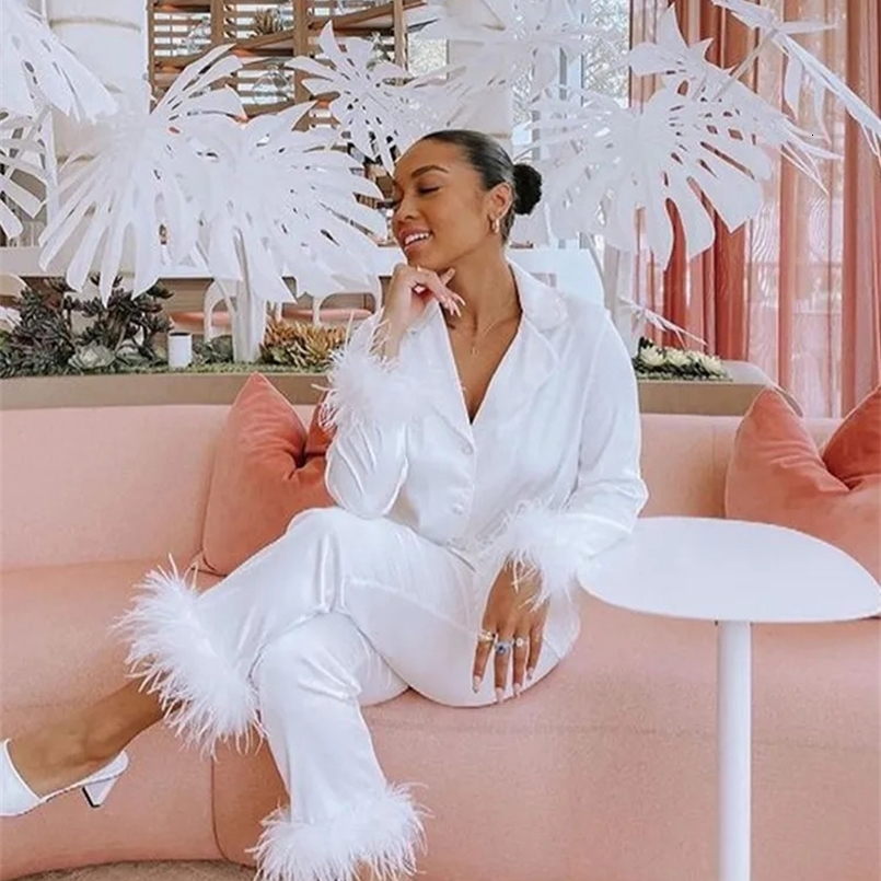 Feather Trim Two Piece Set Women Elegant Casual Pant Sets Long Sleeve Tops Blazer Straight Pants Female Fall 2Pcs Set 240826