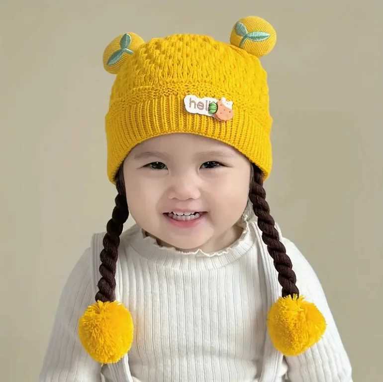 Kids Hat AutumnWinter Cute Cartoon Pullover Beanie with Braids for Girls and Boys 315 Months Warm Thickened Ear Protection Z251029