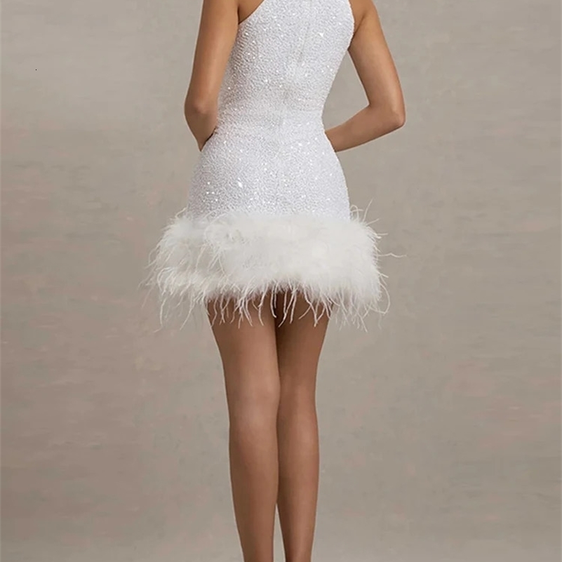 Elegant Halter Dress Women Slim Fashion Sequin Patchwork Feather Sleeveless Mini Robe Female Chic Party High Waist Dresses Lady 250328