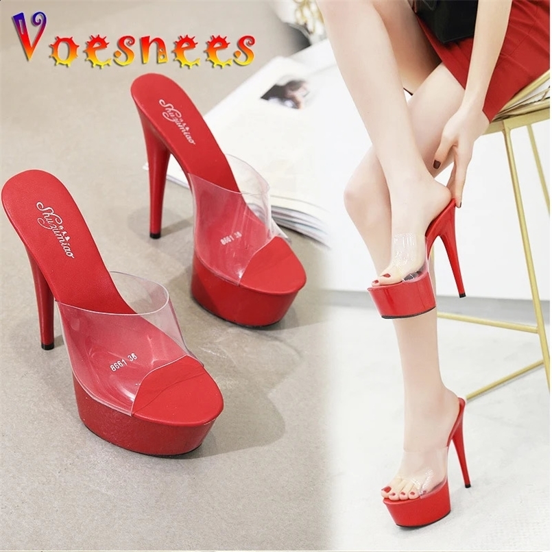 Summer Slippers 6 Color Red White Black Women Platform Shoes Sexy Nightclubs T stage Shows High Heels 15cm Plus-size 34-41 250122