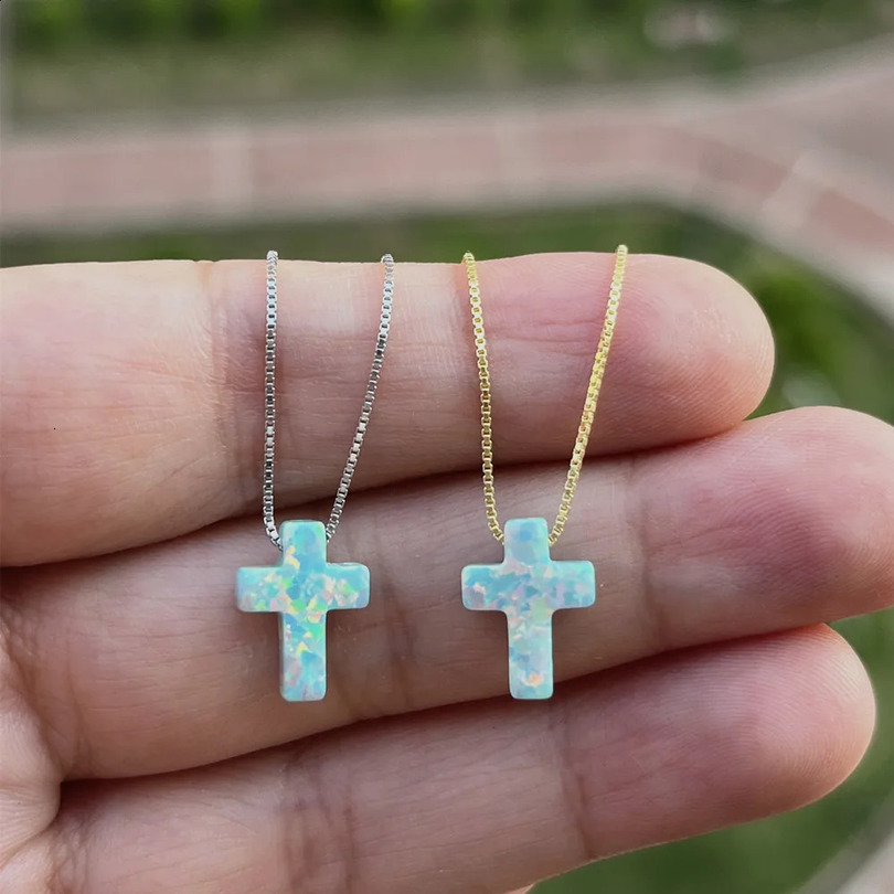 Synthetic OP03 Mint/OP05 Blue Cross Opal Necklace Fashion Cross Opal Necklace with Box Chain or O-Chain 241018