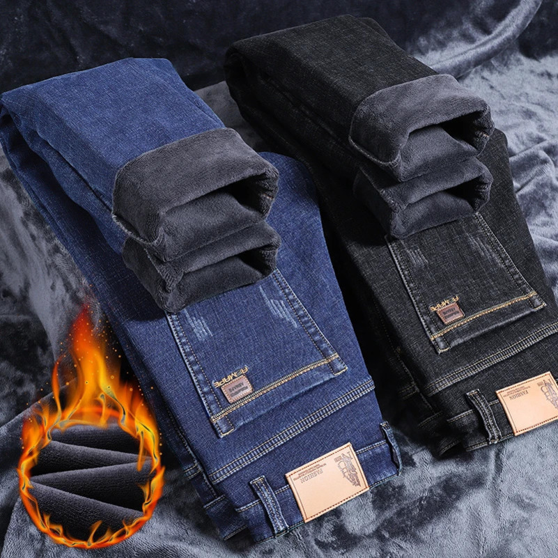 Winter Men Fleece Warm Jeans Classic Style Business Casual Thicken Velvet Slim Denim Pants Trousers Male Size 28-42 250116