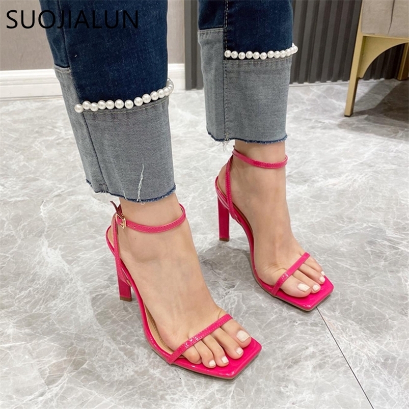 Sandals SUOJIALUN Summer Narrow Band Women Sandals Shoes Thin High Heel Square Toe Ladies Ankle Buckle Strap Sexy Dress Pumps S 230418