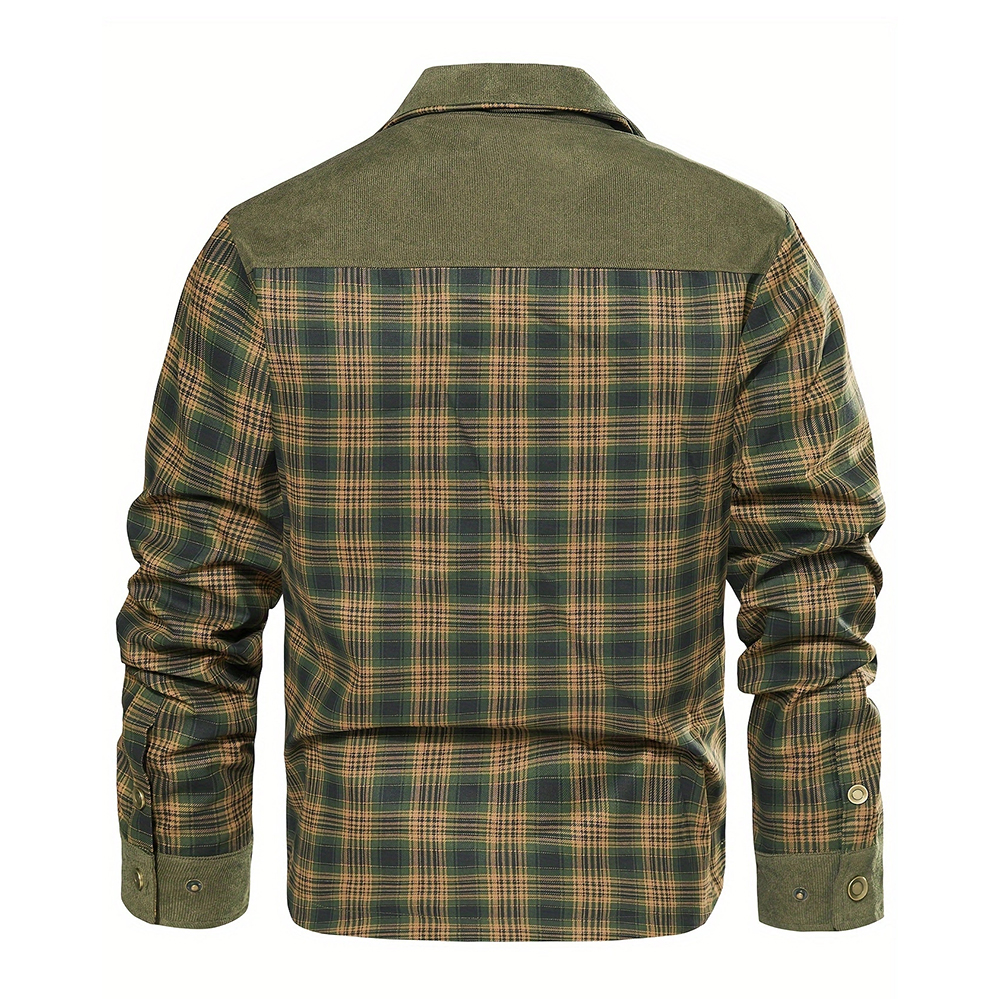 Men's Plaid Shirt Corduroy Spring and Autumn Cotton Jacket Shirt Casual Long-sleeved Button Shirt Coat with Pockets