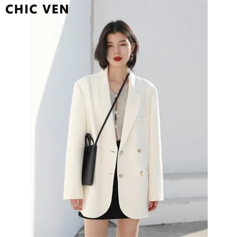 CHIC VEN Fashion Womens Blazer Office Lady Long Sleeve Double-breasted Mid-length Casual Coat Ladies Outerwear Stylish Top 240826