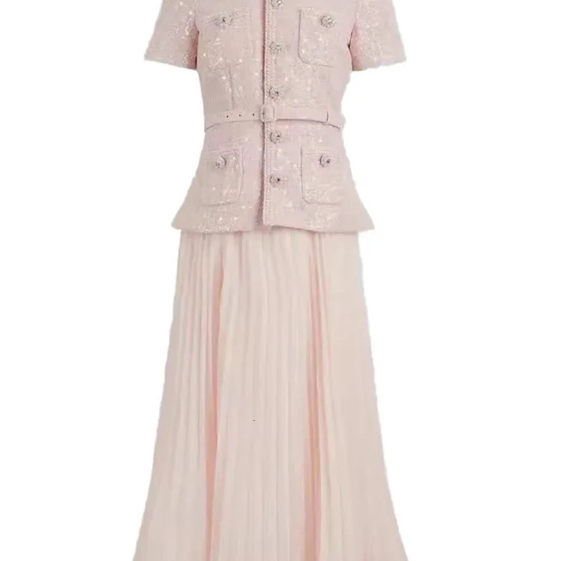 IEQJ Womens Elegant 2 Pcs Set O Neck Short Sleeve Sequins Tweed Belt Coat High Waist Pleated Skirts Sets Autumn WM2113 240820