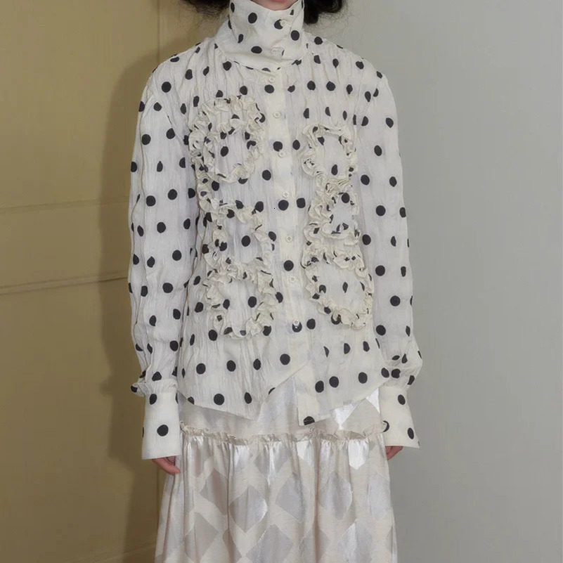 Jin Yi n Spring Autumn Style Beige Polka Dot Pleated Asymmetrical High Collar Large Turn Collar Shirt for Women 250417