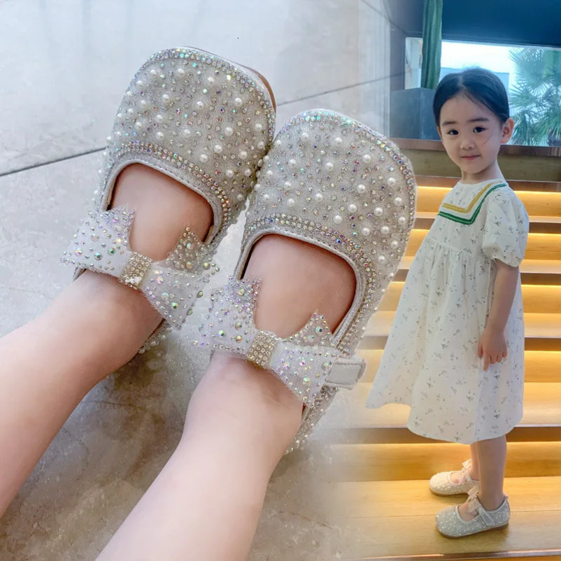 Girls Princess Shoes Childrens Fashion Bow Rhinestone Leather Kids Shoe Baby Girls Party Student Flat Shoes E584 241220