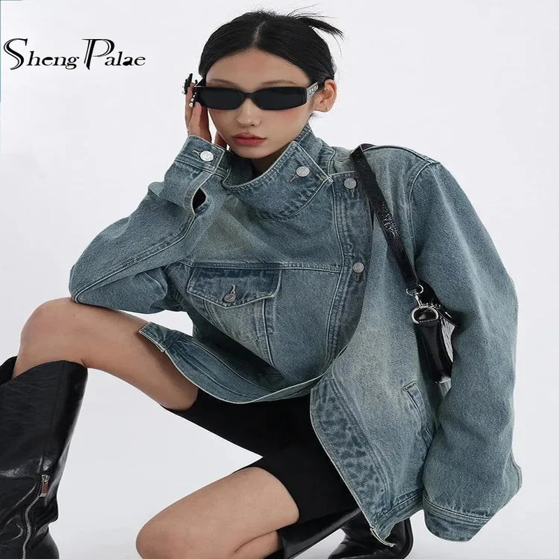 SHENGPALAE Fashion Womens Denim Coat Turtleneck Single Breasted Full Sleeve Patchwork Versatile Jacke Autumn 5R4436 250122