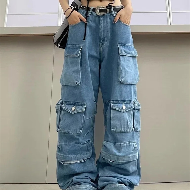 Fashion Washed Jeans Multi-Pocket Cargo Pants Y2k Retro Streetwear High Waist Jeans Casual Wide Leg Pants Blue 240822