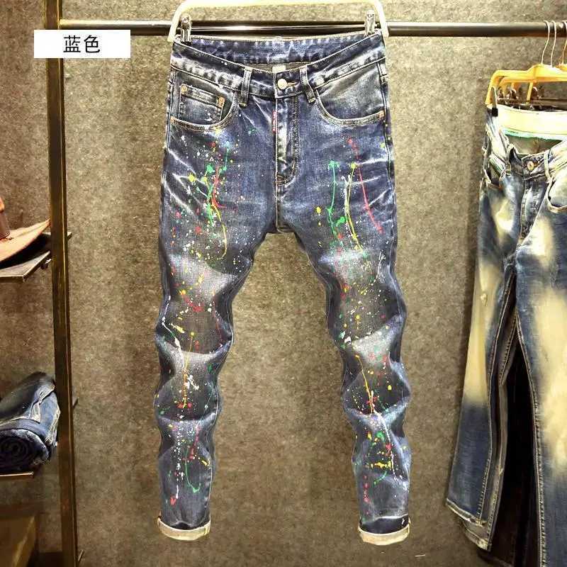 Spring Autumn Designer Clothes Mens Korean Stylish Slim Fit Jeans Fashion Trendy Painted Denim Pants Ink Stretch Skinny Pants L250923
