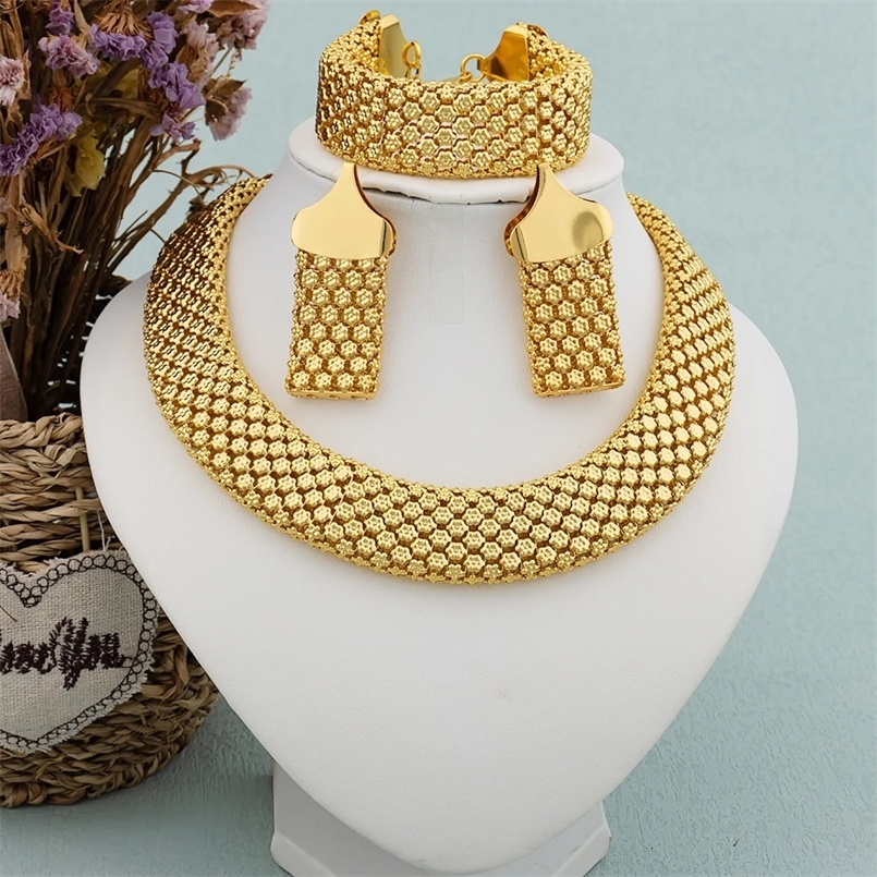 Jewelry Set for Women Chunky Necklace Earrings Dubai Gold Plated Bracelet African Fashion 3Pcs Jewelry for Punk Party Wedding 241120