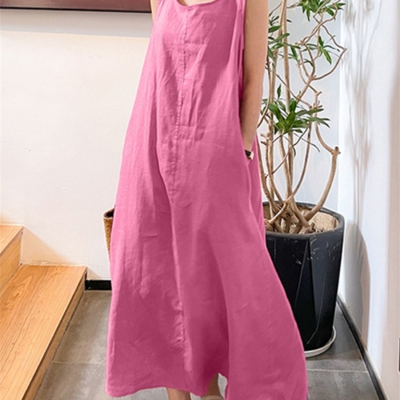 Basic Casual Dresses Summer Long Version Sling Cotton Linen Simple Loose Pocket Round Neck Temperament Sleeveless Dress Women Dress for Women 230531
