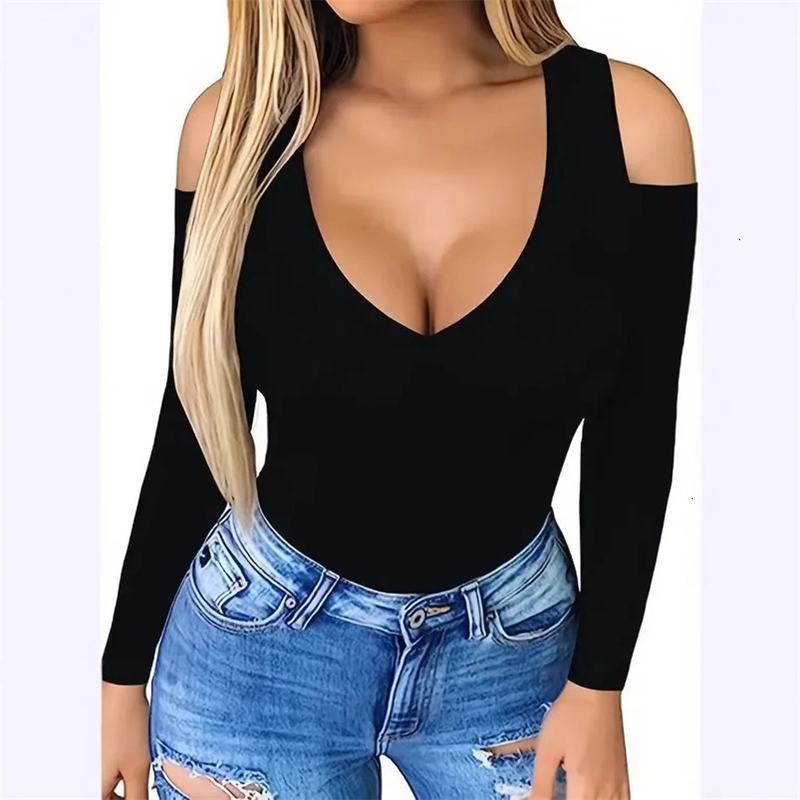 Sexy Slim Fit Womens Tshirt Deep Vneck Long Sleeve Summer Casual Short Cold Shoulder Top Fashionable Chinese 250923