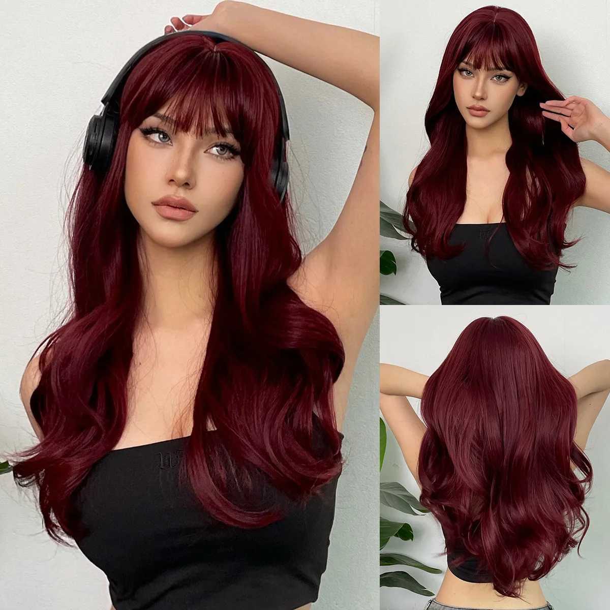 New wine red synthetic wig with bangs big waves long curly hair daily holiday wig high temperature silk full head cover C250922