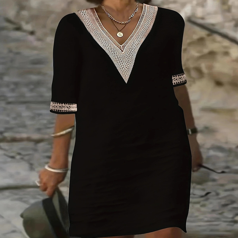 Chic Guipure Lace V-Neck Tunic Dress - Easy-Care Knee-Length All- Season Comfort with Stylish Hollow Details 250313