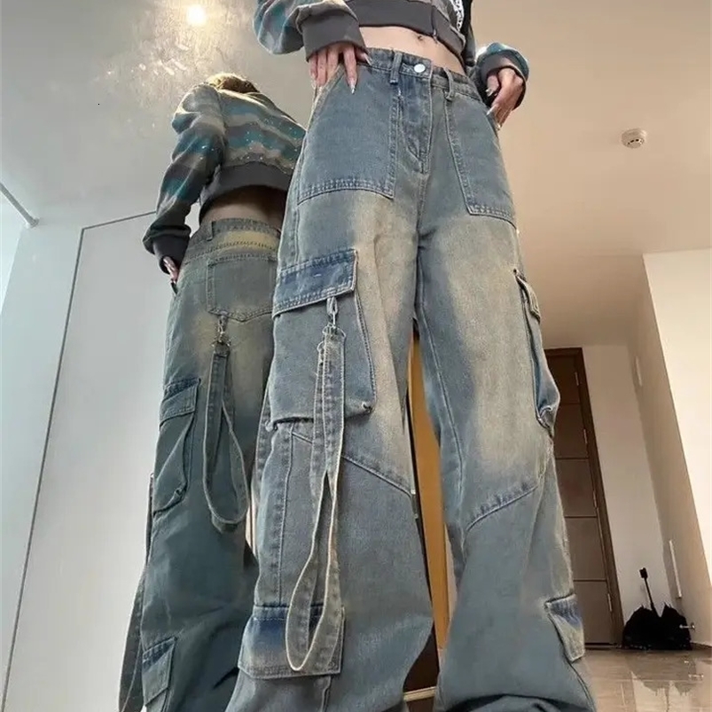 American hip-hop personalized retro washed workwear jeans for men and women loose straight leg wide leg retro casual pants y2k 240822