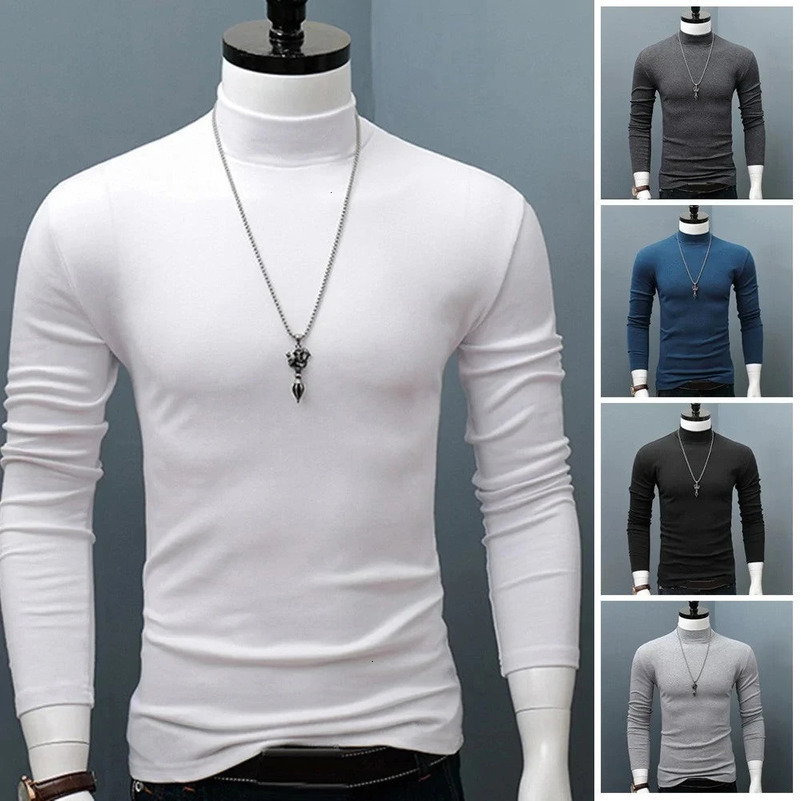 Mens casual slim fit basic turtle neck cotton T-shirt with high neck and floral pattern mens autumn and spring thin top basic bottom 241113