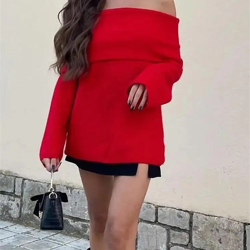 Aonibeier Red Off Shoulder Women Sweaters Traf Winter Long Sleeve Slash Neck Knitted Pullovers Female Top Y2K Jumpers 240824
