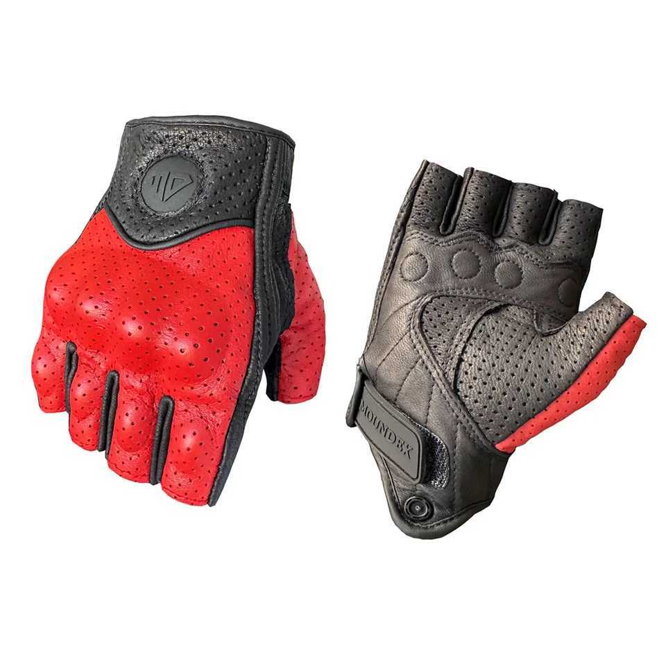 Leather Motorcycle Gloves Breathable Motocross Riding Gloves Moto Summer Racing All Season Guantes Red Half Finger Luva Motor J250922