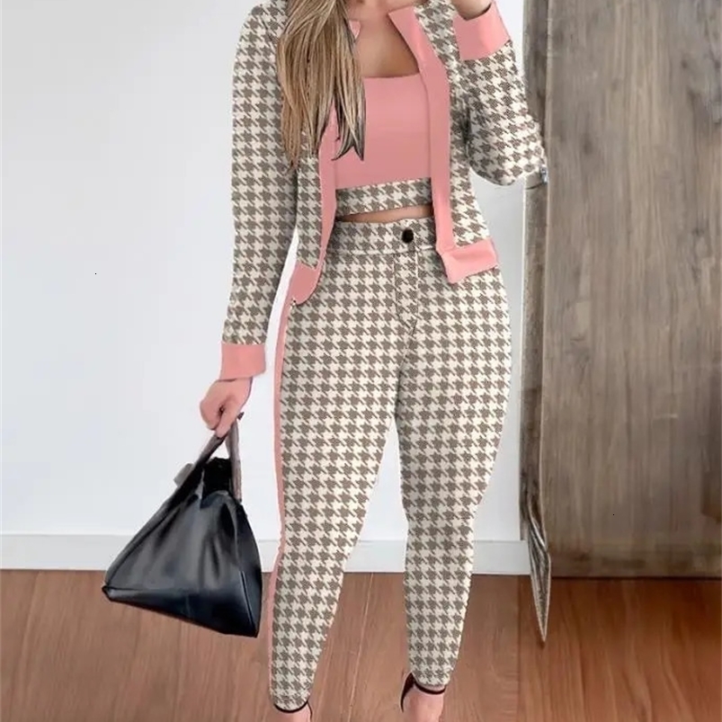 Two Piece Set Women Outfit Spring Fashion Plaid Print Contrast Paneled Open Front Long Sleeve Coat Elegant Skinny Pants Set 240815