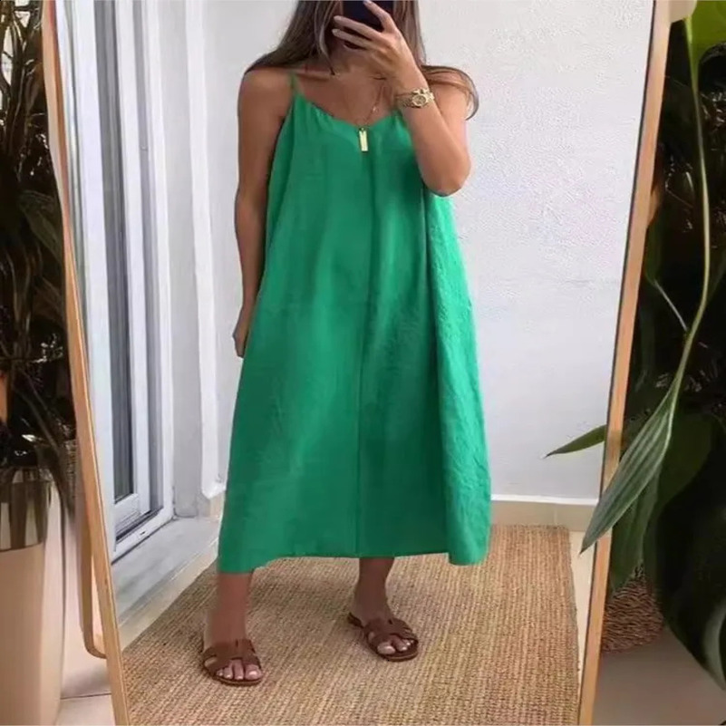 2025 Women Sleeveless Long Dress Loose Slim Camisole Suit V-neck Smooth Color Casual Style Fashionable Summer Novelty 250313
