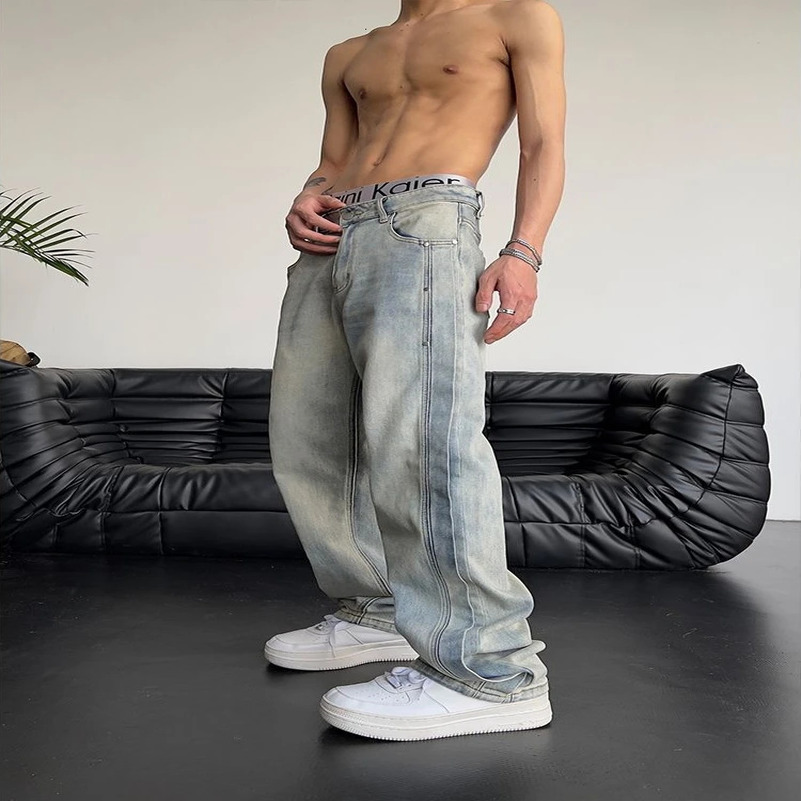 Jeans for Men Loose Light Blue Baggy Straight Man Cow Pants Punk Spliced Y2k Vintage Trousers Korean Autumn Trend Cotton 250605