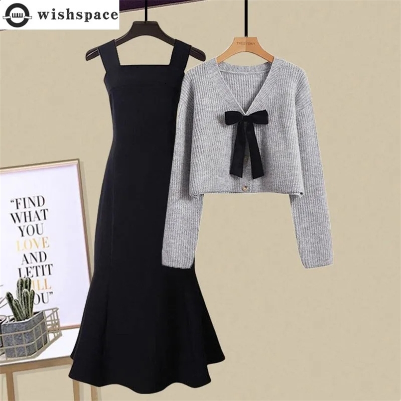 Spring and Autumn Fashion Set Womens Korean Edition Slimming Knitted Cardigan Versatile Fishtail Skirt Two Piece Set 240820