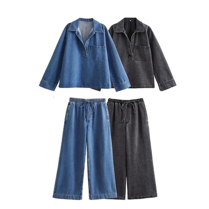 ZATT Autumn Fashionabe Loose Two Color V-neck Zipper Long Sleeve Top Waist Pants Womens Cow Set 241010