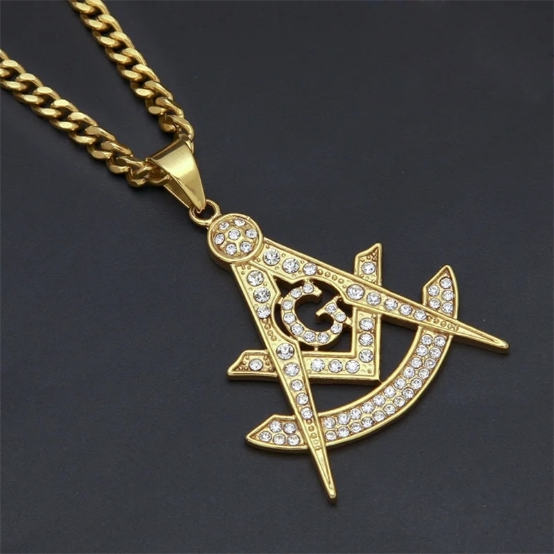 Hip Hop Bling Iced Out Rhinestones Stainless Steel Masonic Freemasonry Pendant Necklace for Men Rapper Jewelry 240514