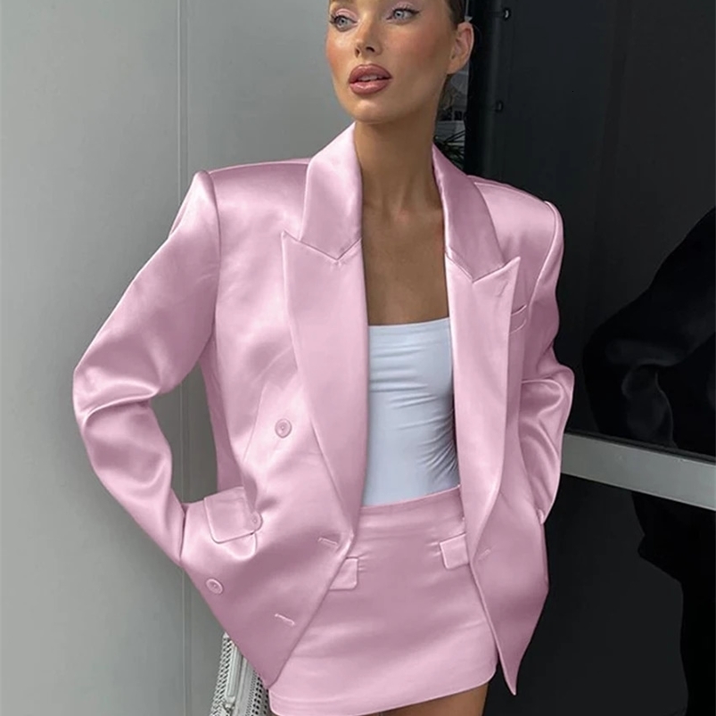 Clacive Fashion Loose Pink Satin 2 Piece Sets Women Outfit Elegant Long Sleeve Blazer With Mid Waist Mini Skirts Set Female 240826