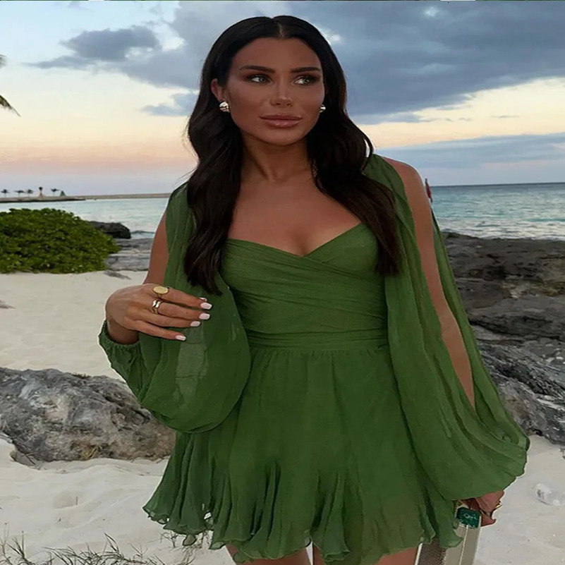 Womens Fashion Green Chiffon Mini Dress Elegant V-neck Split Long Sleeve Ruffle High Waist Dresses Lady Holiday Beach Vestidos 250122