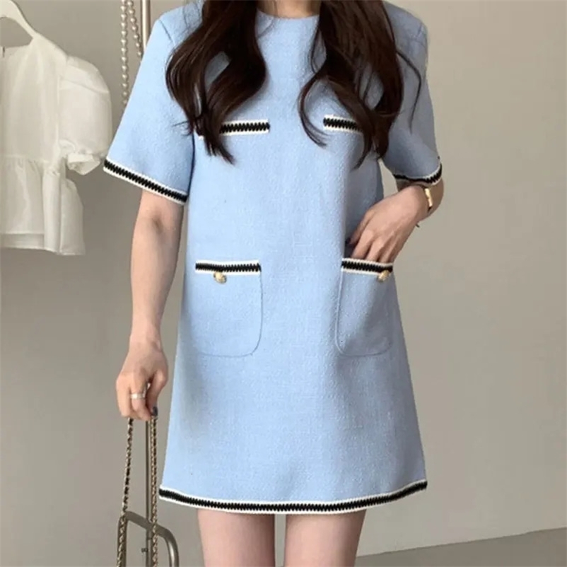Simple O Neck Contrast Pocket Loose Short Sleeve Tweed Dress Women Vestidos Mujer Elegant Wrap Hip Y2k Korean Robe 240529