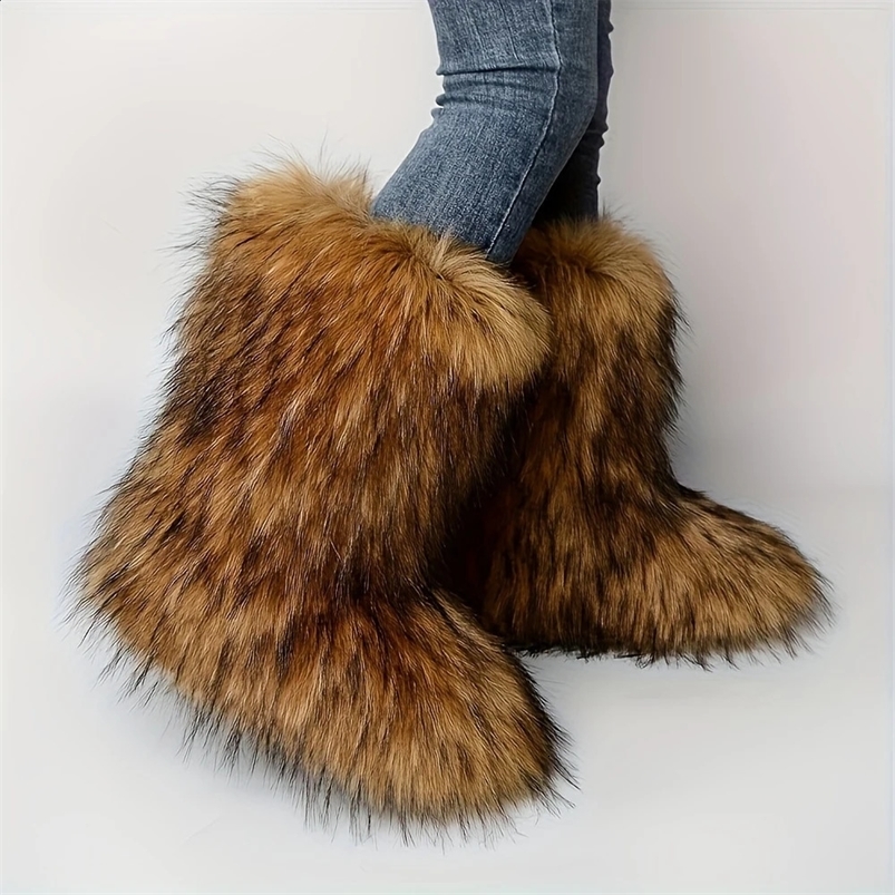 Women Winter Fluffy Faux Fur Mid-Calf Snow Boots Y2K Fashion Warm Snow Boots Girls Footwear Furry Boots Outdoor 240909
