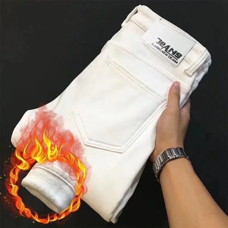 Winter Thicken Velvet Men Skinny Warm Jeans High Quality White Fleece Warm Slim Fit Stretch Casual Denim Trousers Pencil Pants 250116