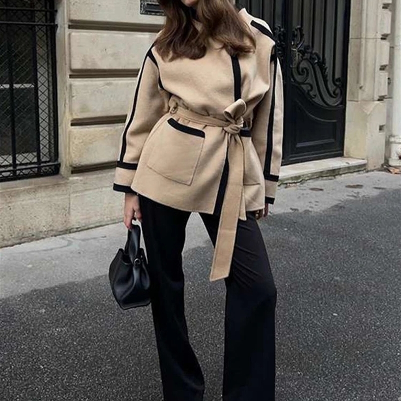 Spliced Contrast Woolen Coat Women Long Sleeve Thicken Jacket with Belt Pockets Autumn Casual Ladies Outwear 240822