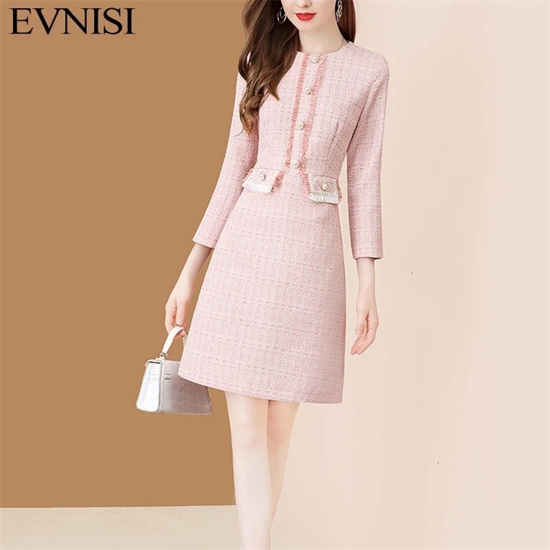 EVNISI Pink Spring Women Dress Knitted Elegant Bodycon Dresses Wrist Sleeve Tweed Patchwork For Women Office Vestidos 240529