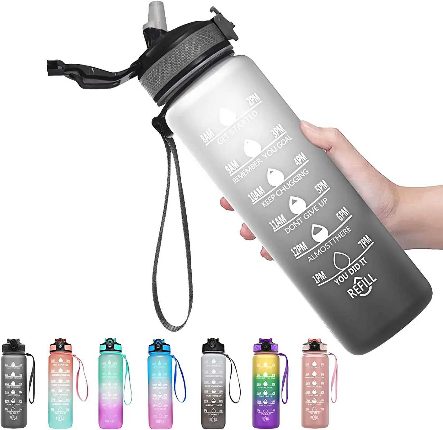 1L Sports Water Bottle Straw Cup 1 Litro with Time Maker LeakProof BPA Free Frosted Cup For Outdoor Sports Drinking Bottle J250923