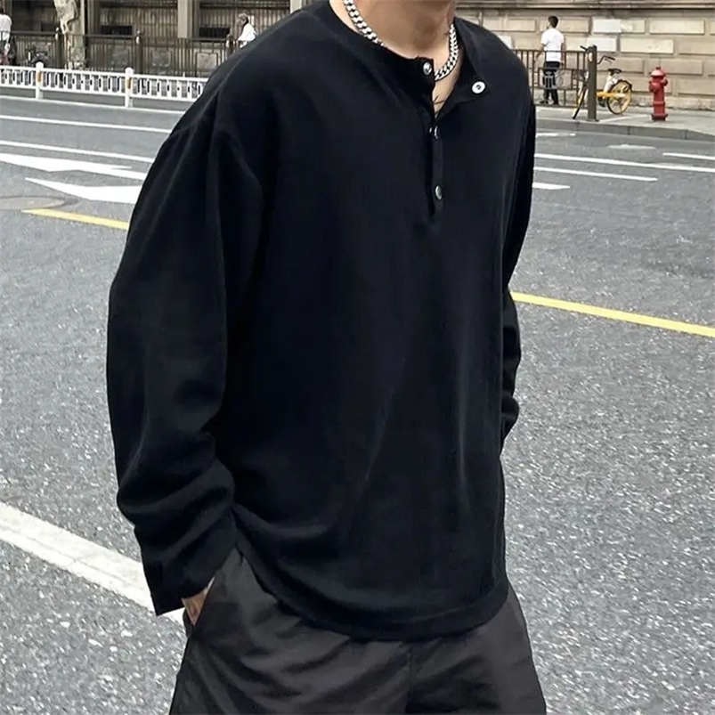 Mens Trend Button Loose T Shirts Spring Autumn Long Sleeve Solid Color Plus Size Tops Tees Fashion Casual Men Clothing 240822