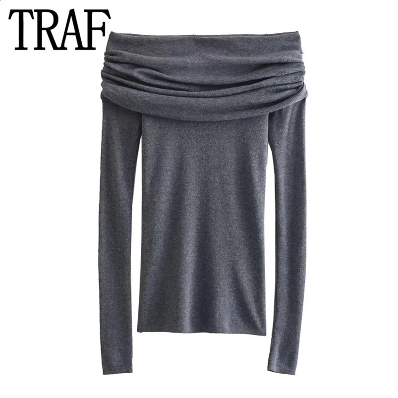 TRAF Ruched Off Shoulder Sweater Women Grey Knitted Sweater Woman Knit Top Pullover Fashion Autumn Winter Cropped Sweaters 240824