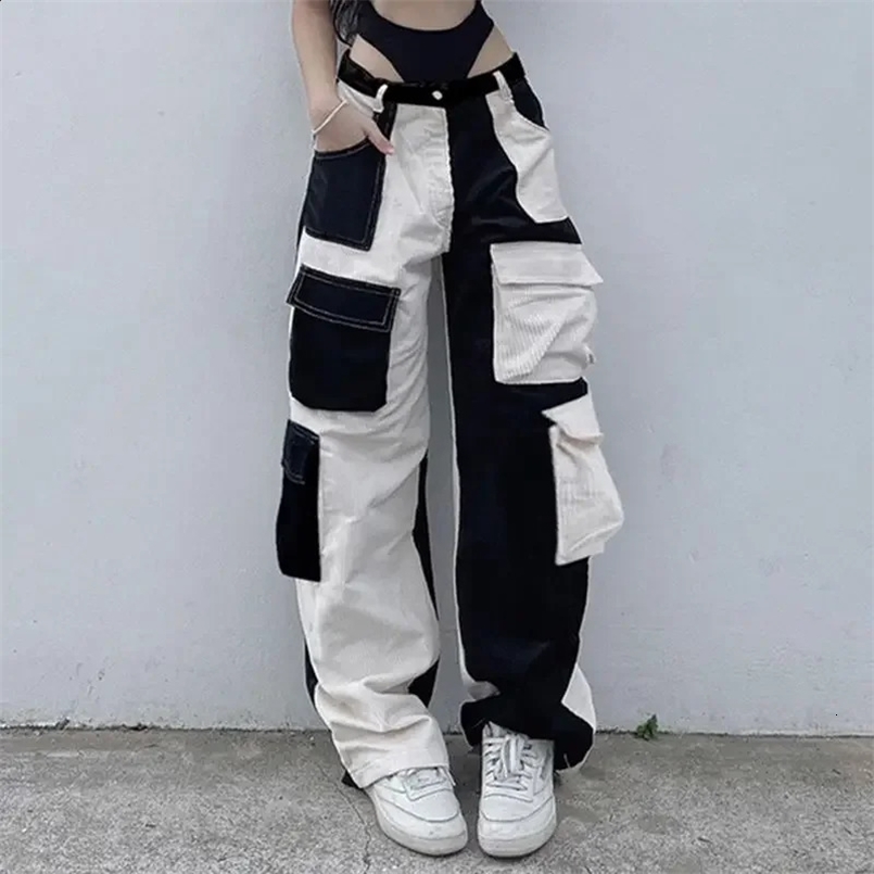 Black and white splicing contrast color corduroy cargo pants women high waist multi-pocket y2k baggy girl casual pants 240827