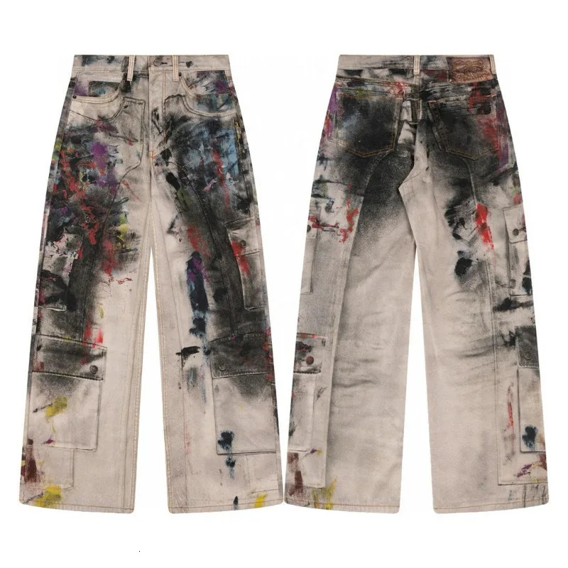 High Street Paint Graphic Splash Graphic Printing High Quality Jeans for Men Skateboard Sports Casual Loose cargo Pants 250922