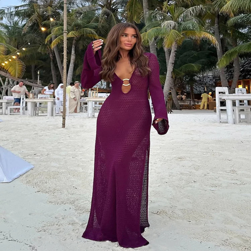 Sexy Metal Ring Splicing Womens V-neck Split Crochet Dress Chic Flared Sleeve Slim Hollow Out Robes Lady Beach Vacation Vestido 250313
